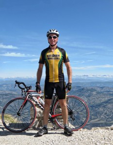Keith in Wheelers top with the Alps on the horizon